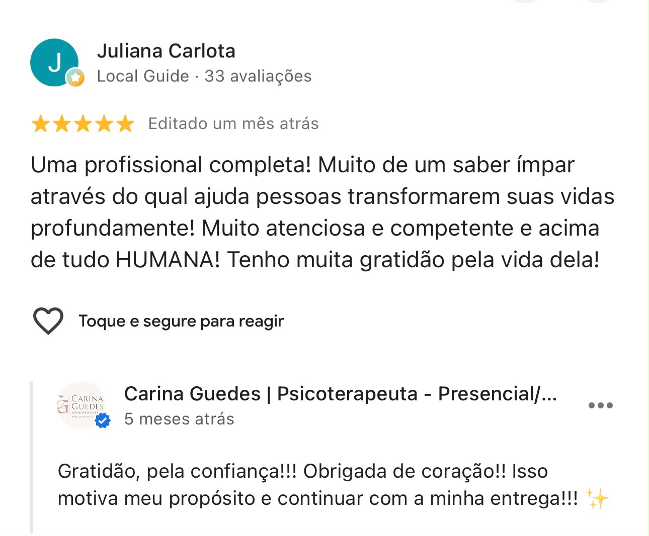 Print de avaliação 5 estrelas no Google sobre Carina Guedes (2)